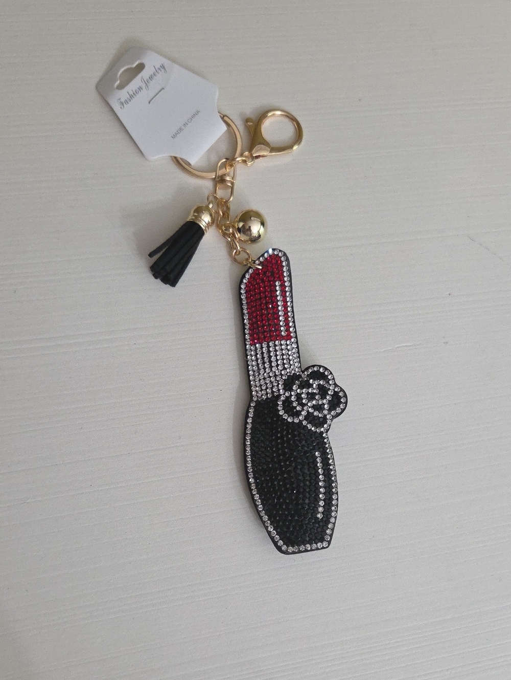 NWT Fashion Jewelry Gold-Tone Black & Red Lipstick Crystal Charm Keychain